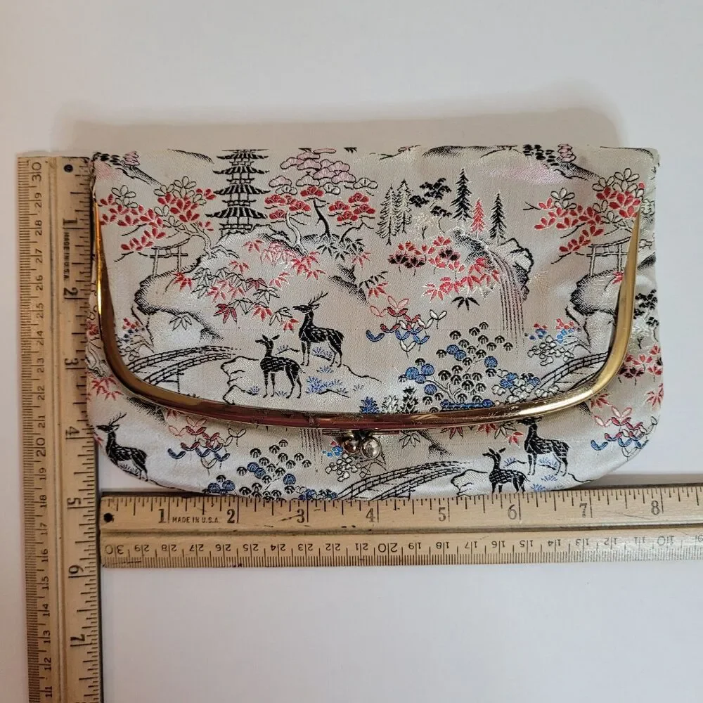 Vintage M Yamamoto & Co. Clutch Satin Brocade Kiss Lock Purse Japan Floral Kyoto